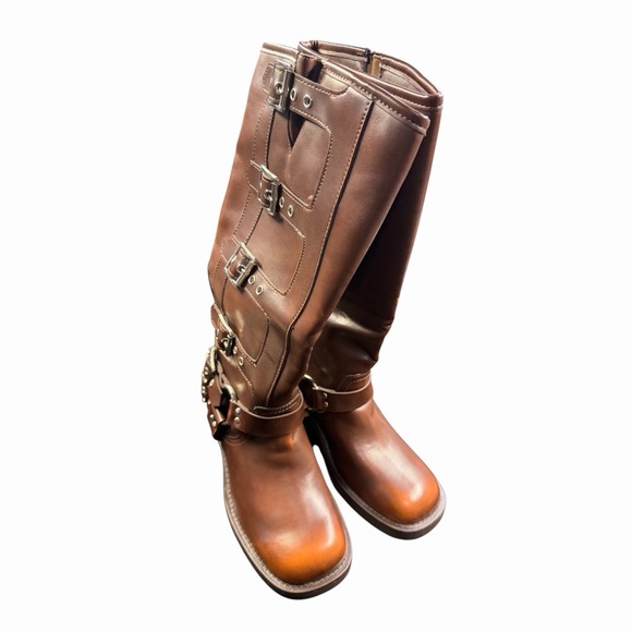 Women's Knee High Riding Biker Boots Buckle Square Toe Chunky Heel Wide Calf - Picture 2 of 9